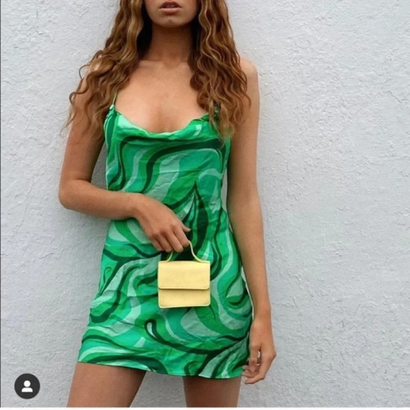 Zara Blogger Favourite Satin Swirl Slip Cowl  Neck Mini Dress Green Sz Medium - Picture 4 of 14